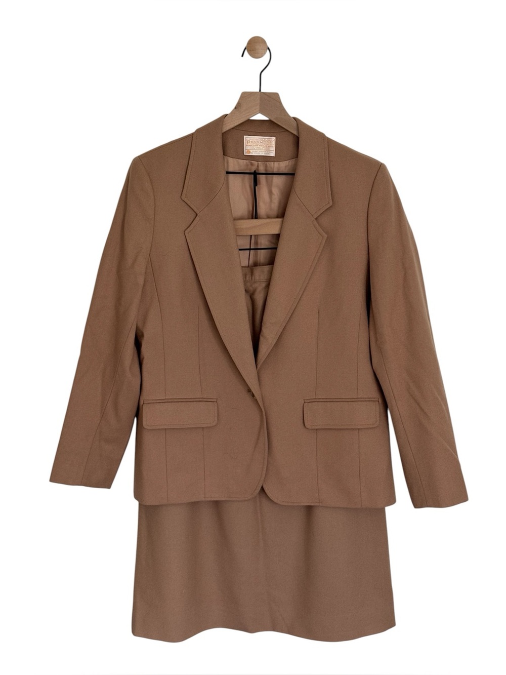 Vintage Pendleton Wool Tan Skirt Suit Set Blazer -Sz 12 - 100% Virgin Wool
